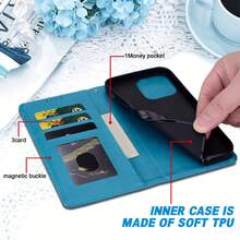 GLANDOTU Blue Vintage Scroll Pattern Vine Embossed PU Leather Wallet Flip Phone Case, Multi-Card Slots With Stand, Compatible With Multiple Phone Models - Blue - View 5