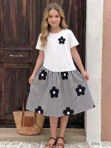 Girls' Summer Patchwork A-Line Dress With 3D Flower Decor Top And Striped Floral Print Skirt - White - View 2