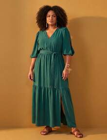 FASHION MIX PREMIUM Elegant Long Dress With Slit And Ruffle On The Hem 3/4 Puff Sleeves With V-Neckline And Tie At The Waist Women's Plus Size - 墨綠色 - 查看 1