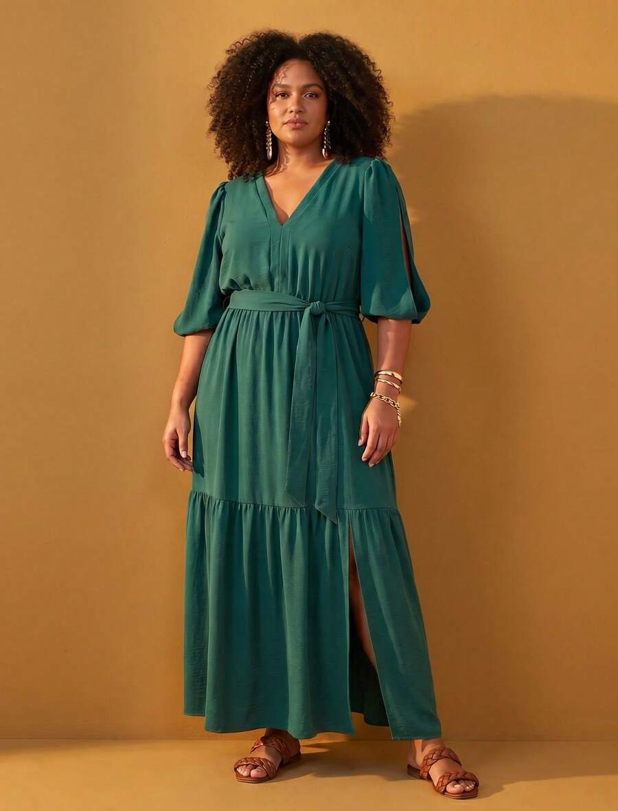 FASHION MIX PREMIUM Elegant Long Dress With Slit And Ruffle On The Hem 3/4 Puff Sleeves With V-Neckline And Tie At The Waist Women's Plus Size - 墨綠色 - 查看 1