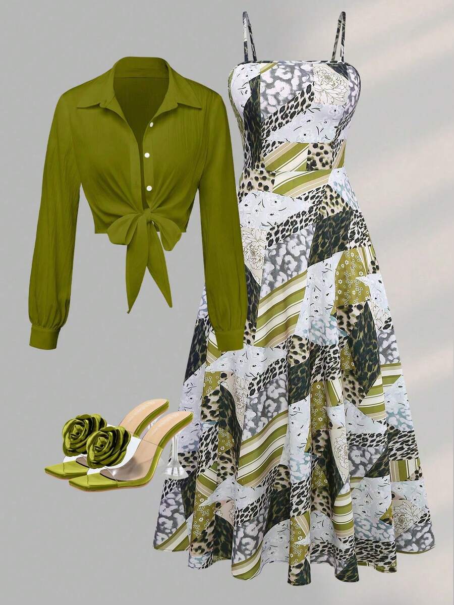 Women's Elegant Floral Print Long Sleeve Dress And Jacket Set, Chic Two Pieces Outfit For Date, Commute, And Daily Wear Summer Vacation - Olive Green - View 1