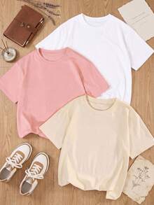 ZZG 女款夏季圓領基礎款 T-shirt，寬肩短袖休閒棉質上衣，白色/粉色/杏色裸色純色三件組 - 彩色 - 查看 2