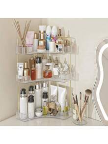 1pc Single Angle Bathroom Countertop Storage Box, Corner Bathroom Countertop Organizer, Suitable For 90° Corner, Can Be Used As Bedroom Vanity Tray, Kitchen Spice Rack And Perfume Bottle Tray, Large Capacity,Back To School,Bedroom Room Decor. - Clear - View 3