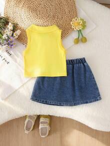2pcs Baby Girl Cute Sweet Polo Collar Yellow Tank Top & Sunflower Denim Skirt Set, Thin Summer Style - Yellow - View 3