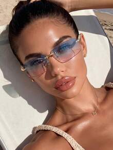 1PC Women's Frameless Cut-Edge Rectangular Ocean Lens Metal Retro Bohemian Y2K Rivet Temple Decor Street Fashion Elegant Fashion Glasses Shades, Suitable For Beach, Seaside, Vacation, Travel, Driving, Camping, Outdoor Activities, Street Photography, Etc. - Multicolor - View 12
