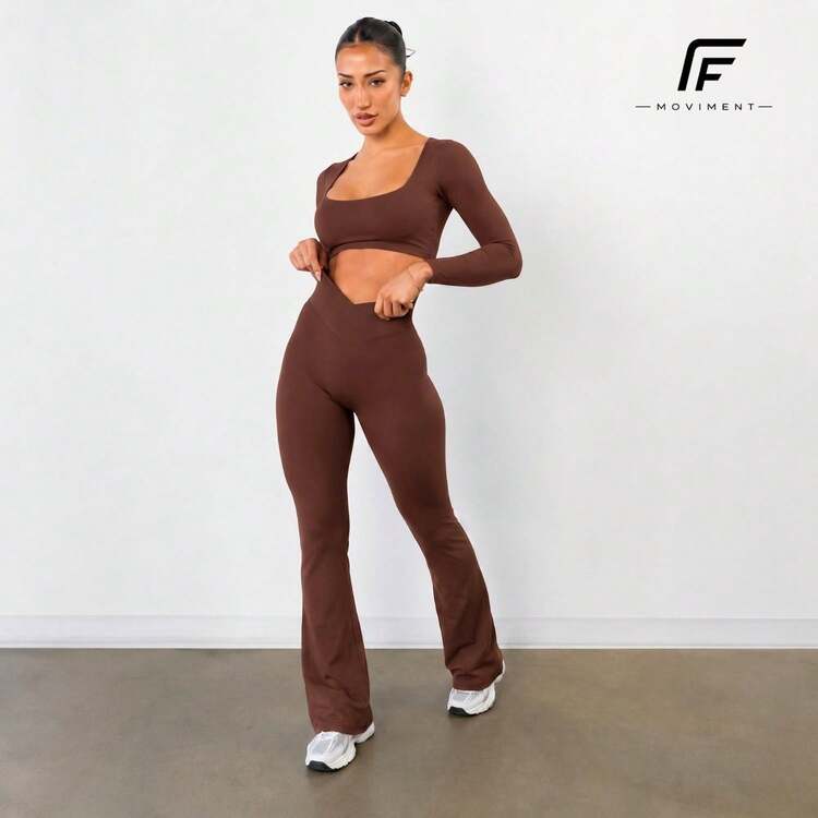 Plain Zero-Transparency Polyamide Flare Long Sleeve Fitness Gym Set - Óxido marrón - Añade 8