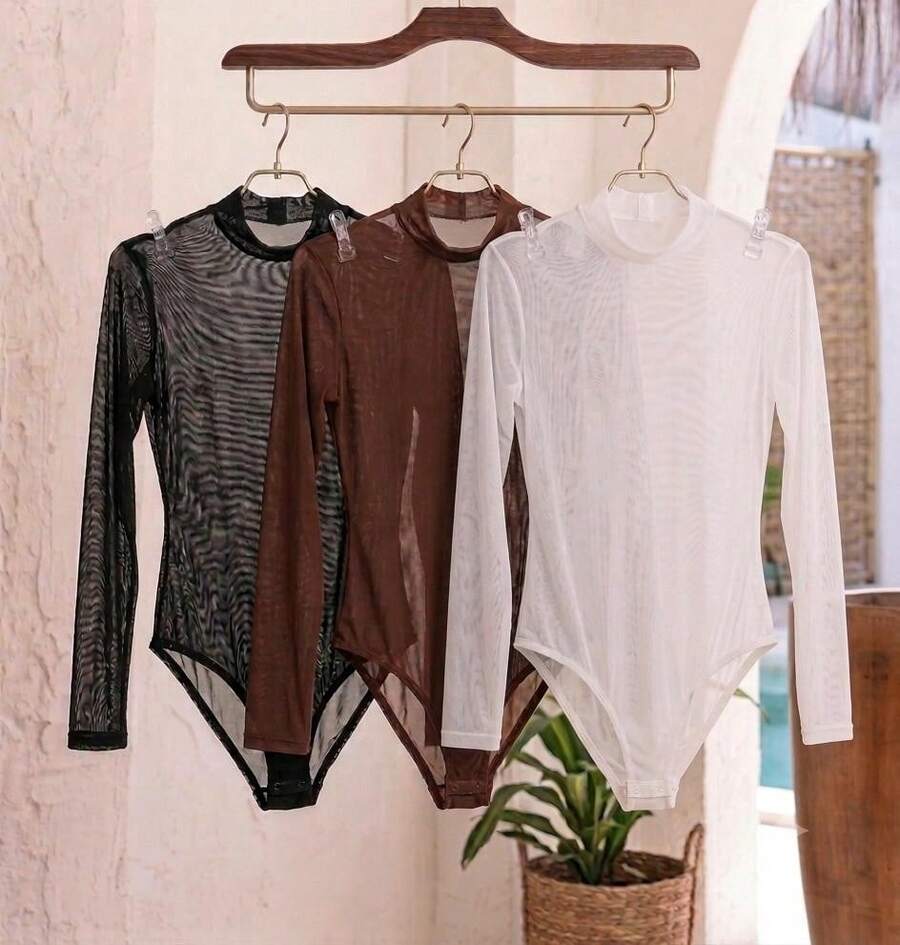 Basic Tulle Bodysuit With Long Sleeves - Fall/Winter 2025 Fashion - 3-black+Brown+White - View 1