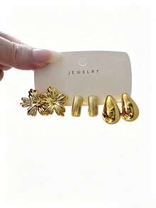 6/18PCS Fashionable Elegant Small C-Hoop Geometric Multi- Gold Metallic Earring Set, Women's Fashion Earring Set, Daily Wear, (Lightweight CCB Material, Non-Fading/No Ear-Pulling Sensation) - Gold - View 10