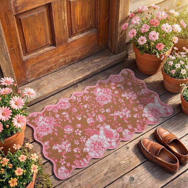 Rug Bedroom Pink Flower Door, Rolled Welcome Front Door, Non Slip Outdoor Entrance Carpet, Pink And White Comfortable Coconut Milk Floor Courtyard Porch Decoration