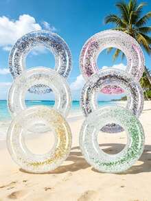 1pc Transparent Glitter Inflatable Swim Ring, Round PVC Pool Float With Sequins, Multicolor Macaron Colors, Lightweight Water Floating Accessory, Suitable For Swimming Pool, Beach, Lake, Summer Pool Party, Beach Vacation, Outdoor Water Play - Clear - View 2