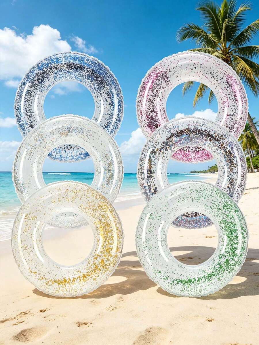 1pc Transparent Glitter Inflatable Swim Ring, Round PVC Pool Float With Sequins, Multicolor Macaron Colors, Lightweight Water Floating Accessory, Suitable For Swimming Pool, Beach, Lake, Summer Pool Party, Beach Vacation, Outdoor Water Play