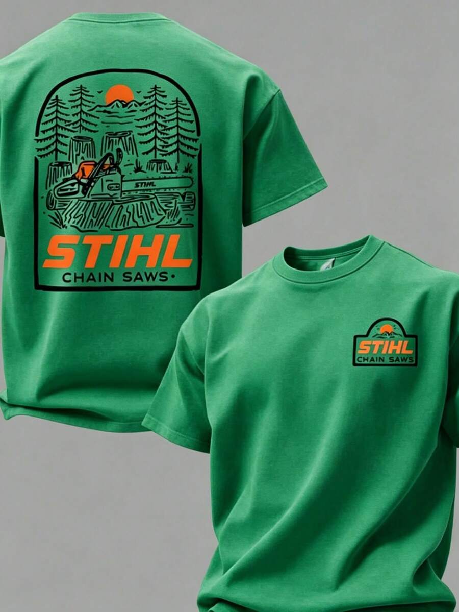 STIHL Into The Woods T-Shirt, STIHL Chainsaw Graphic Tee, Outdoor Woodworker Graphic T-Shirt, Forestry Logging Work Shi,Free Shipping,Top,Cadeau Homme - Green - View 1