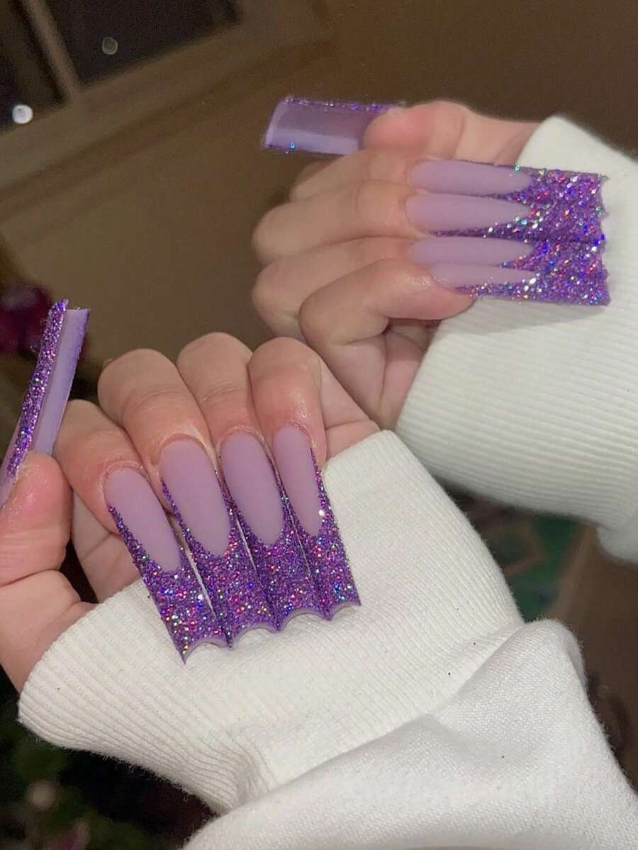 24pcs Y2K Sweet Style Removable French Manicure Nail Stickers Set, Includes 48pcs Nail Stickers + 2pcs Nail Files + 2pcs Manicure Tool Set - Purple - View 1