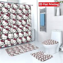 SANRIO Kitty Pink Bow Pattern Bathroom Set (Includes 2 Bath Mats + 1 Toilet Lid Cover + 1 Shower Curtain), For Bathroom Decoration And Privacy Protection - 4-piece Shower Curtain Set - View 3