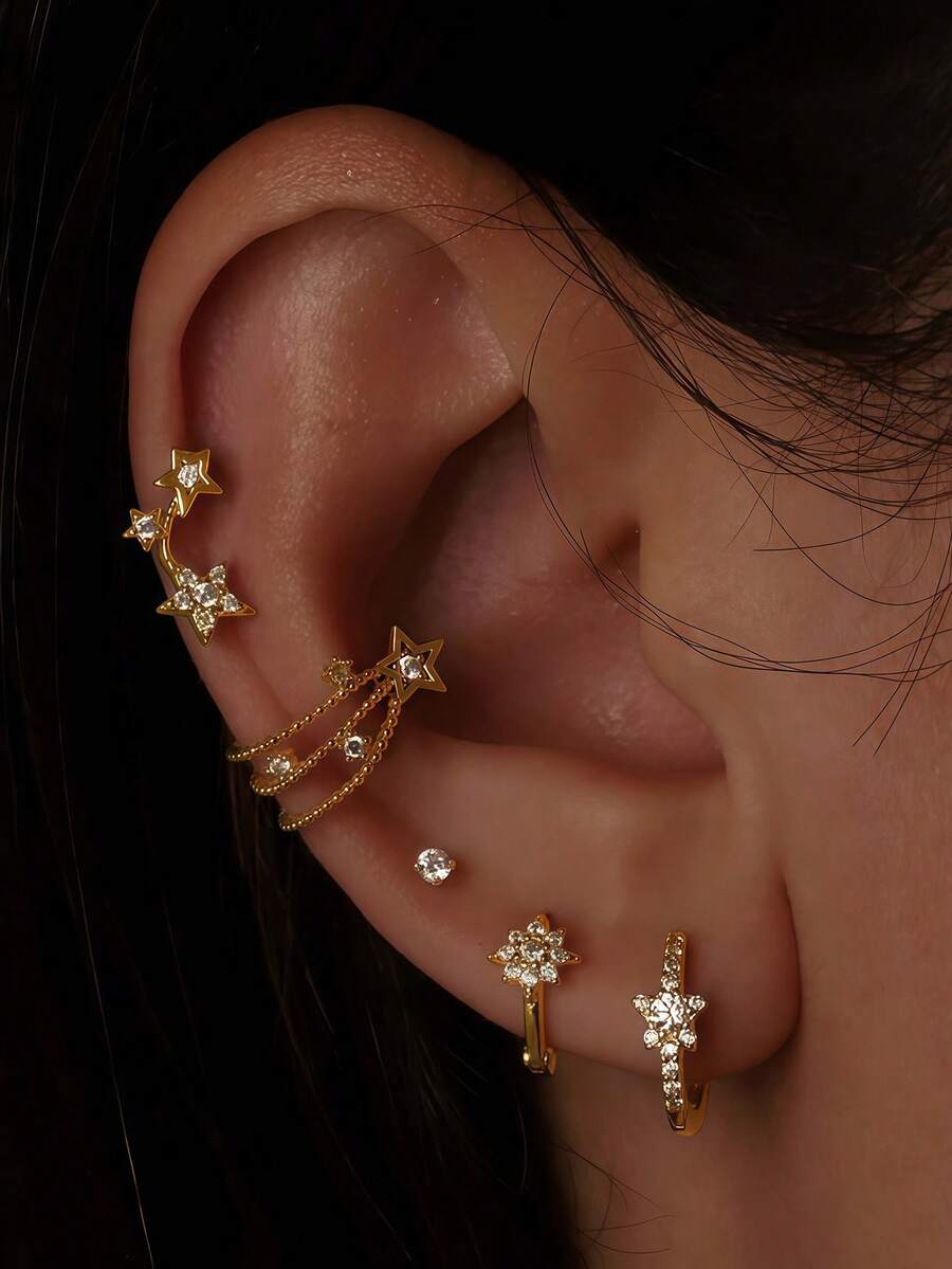 5pcs Exquisite Cubic Zirconia Star Stud Earrings Set, Women's Daily, Date, Party, Gathering Layering Matching - Yellow Gold - View 1