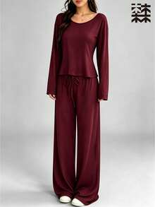 mulinsen Women's Solid Color Round Neck Long Sleeve Cropped Top + Elastic Drawstring Waist Straight Leg Pants 2-Piece Sports Casual Set - Burgundy - View 3