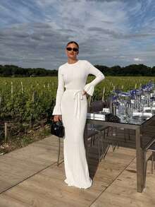 Elegant Commute Solid Color Fitted Knit Dress - White - View 3