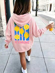 هودي فضفاض بطبعة ليمون IL LIMONE للفتيات المراهقات، سويت شيرت كاجوال بغطاء رأس ورباط سحب - وردي - مشاهدة 1