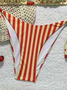 Conjunto de bikini elegante con cuello halter y lazo para mujer, traje de baño de dos piezas a la moda con lunares rojos y rayas, Bottom de baño con lazos laterales para vacaciones, playa y verano - Multicolor - Ver 6