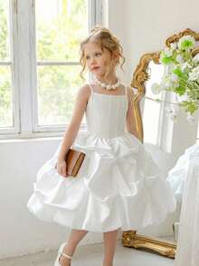 Young Girls Spaghetti Strap Ruched Satin Elegant Flower Girl Princess Dress, White Puff Party Gown, Headband Not Included - White - View 8