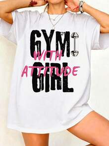 Loose Design"GYM GIRL"Pattern T Shirt,Women's Casual Summer Style - 白色 - 查看 1