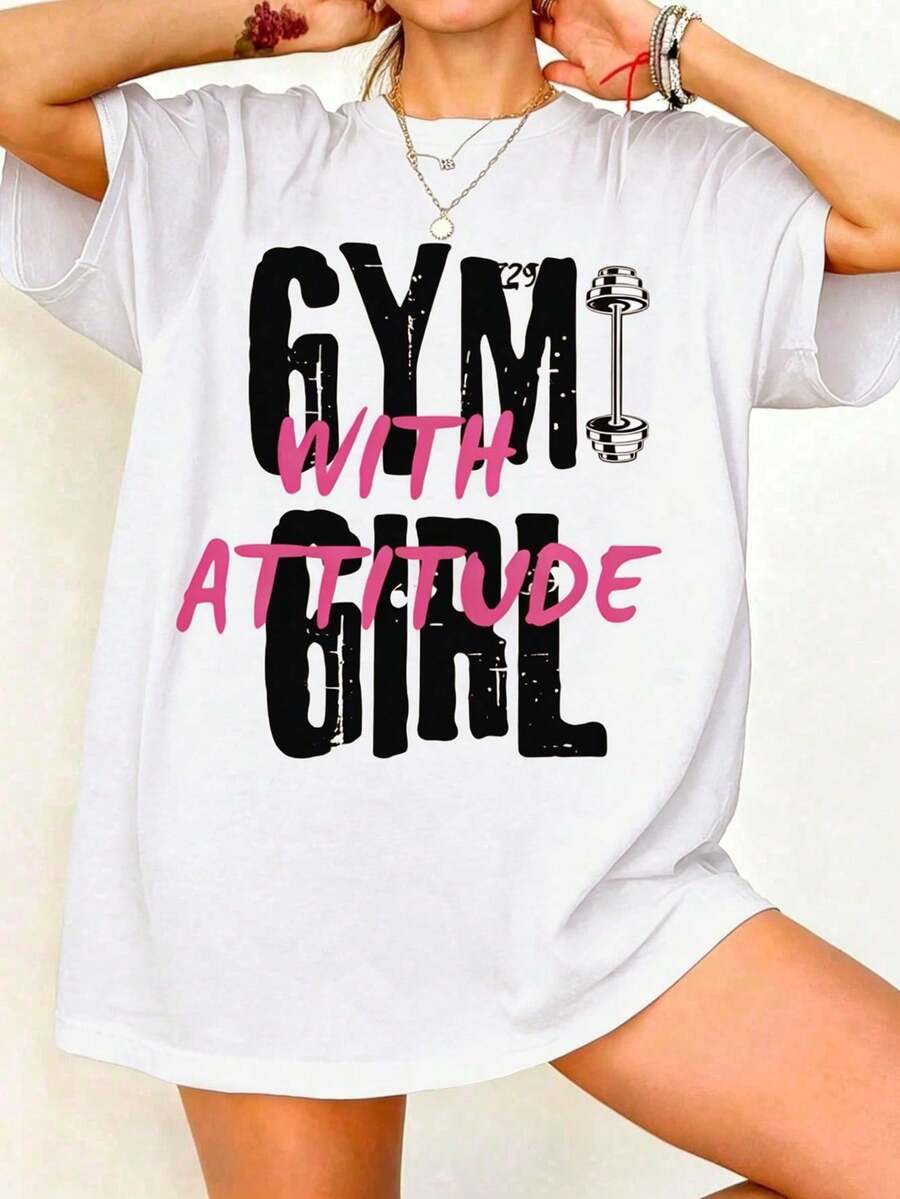 Loose Design"GYM GIRL"Pattern T Shirt,Women's Casual Summer Style - 白色 - 查看 1