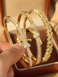 18K vergoldetes Herz & Schleife Zirkonia stapelbares Armband Set, verblassungsresistentes verstellbares Goldarmband, eleganter Damenschmuck, geeignet für tägliche, Hochzeits- und Partyanlässe - Verschiedenfarbig - Übersicht 1
