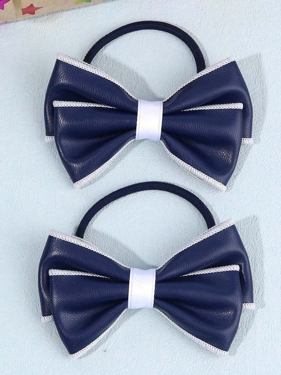 2pcs/4pcs Navy Blue&White Bow Scrunchies,PU Leather Scrunchies,Black Elastic Rubber Band Scrunchies Hair Accessories For All Seasons,Back To School - Multicolor - View 1