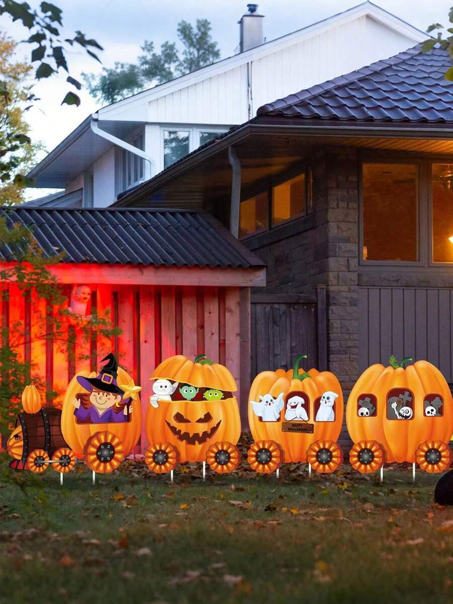 4pcs Thanksgiving Pumpkin Patch Outdoor Decor, Skeleton Train Patch Sign, Yard Stake Autumn Decorations, Yard Stake Lawn Sign Suitable For Outdoor Lawn Garden Thanksgiving, Autumn Harvest Lawn Outdoor Garden Farmhouse Thanksgiving Party Decor, Home Porch Wall Indoor Outdoor Decoration (Pumpkin Color, Yellow)