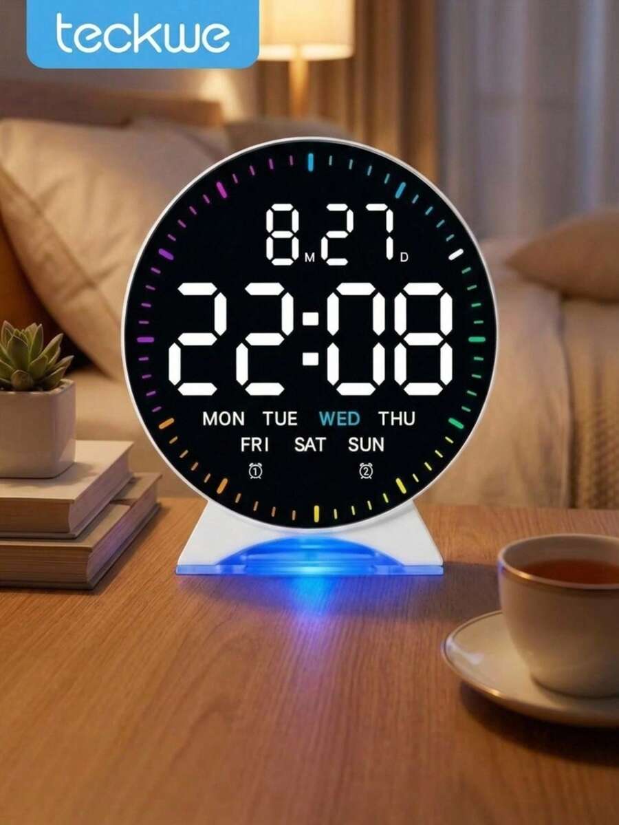 Teckwe 圓形 LED 數位鬧鐘,附 RGB 夜燈、雙鬧鈴、日期與星期顯示、可調亮度,現代風臥室辦公室居家裝飾桌鐘 - 多色 - 查看 1