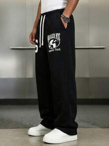 Men's Size 6 Number & Letter Print Drawstring Loose Sweatpants, Retro Casual Outdoor Sports Wide Leg Long Pants Black - Black - View 4