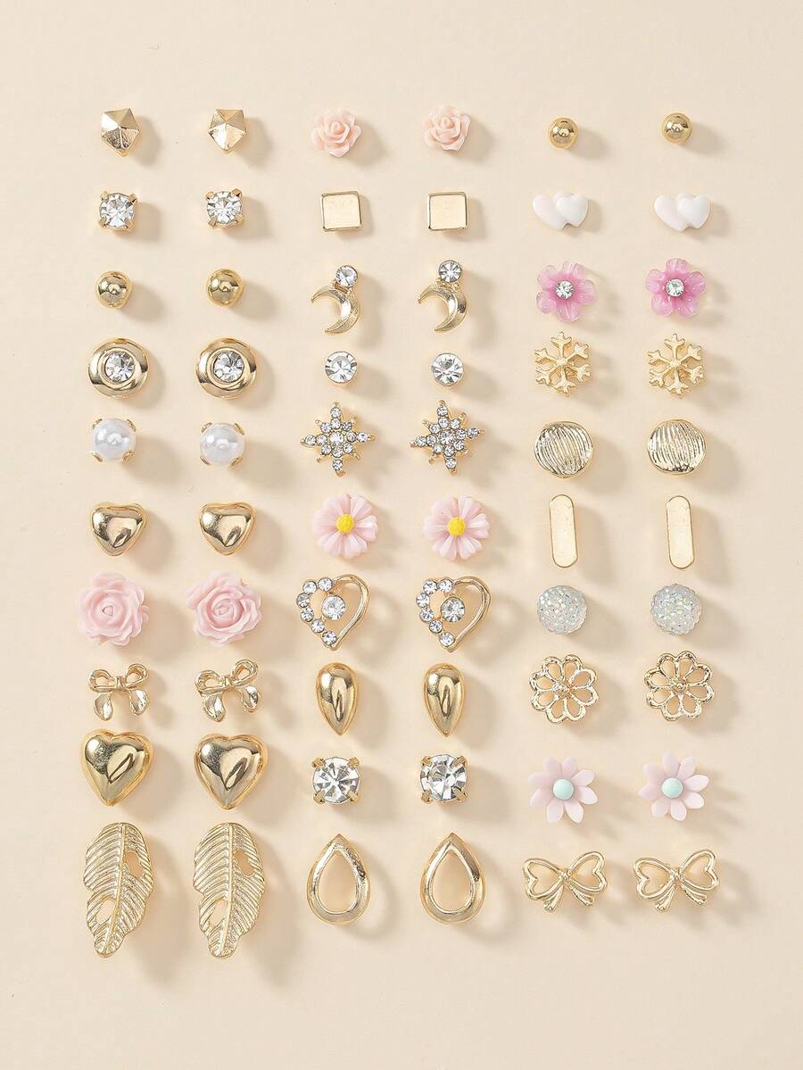 30 Pairs Women's Fashion Stud Earrings Set, Cute Flower, Heart, Rhinestone, Water Drop, Bow, Minimalist Geometric Multi-Style Earrings Combination, Suitable As Gift For Friends, Holiday, Daily Casual Wear - Multicolor - View 1