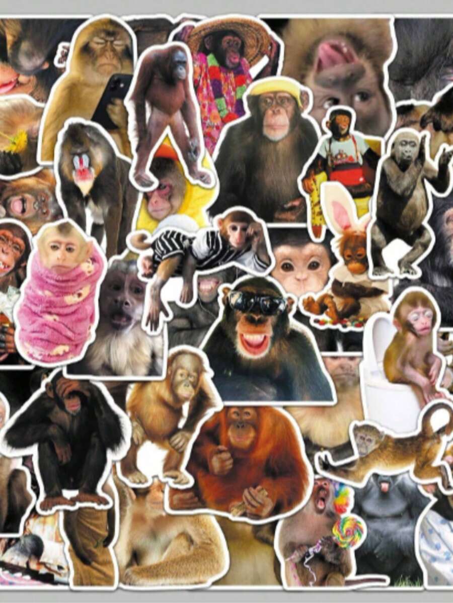 50pcs Monkey Theme Stickers, Cute Cartoon Monkey Stickers With Funny Poses And Expressions, Crazy Gorilla Sticker Pack, Decorative DIY Stickers For Notebook, Computer, Scrapbook, Luggage, Water Bottle, Phone, Etc. - Multicolor - View 1