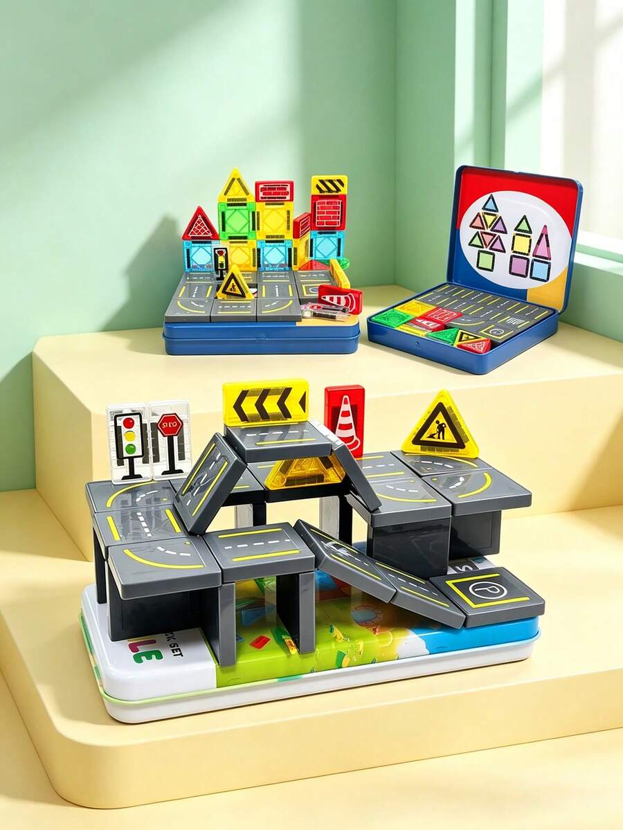 32/58pcs Kids Magnetic Building Blocks City Road Track Car Set, Multi-Functional Magnetic Construction Puzzle, Suitable For 3-14 Years Old Children Birthday/Holiday Gift (Random Color) - 彩色 - 查看 1