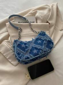 1pc Girls' Shoulder Bag With Decorative Buckle Detail, Stitching And Chain Strap, Street Fashion Bohemian Style - Blue - View 4