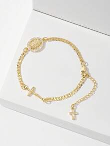 1PC Classic Italian Bracelet Style Micro-Inlaid Zirconia Copper Vintage Gold Catholic St. Jude & Jesus Cross Pendant Chain Bracelet, Limited Edition Guardian Light Necklace, Suitable For Christmas/Thanksgiving/Halloween/Mother's Day/Valentine's Day Couples/Friends/Fellow Believers Gift, Catholic First Communion, Gift, Daily/Holiday Wear, Prayer Day Wear - Yellow Gold - View 15