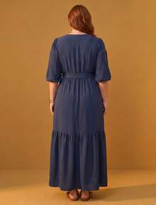 FASHION MIX PREMIUM Elegant Long Dress With Slit And Ruffle Hem, 3/4 Puff Sleeves With V-Neckline And Tie At The Waist, Women's Plus Size - 藏蓝色 - 查看 5