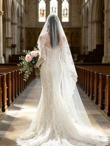 2026 Long Lace Veil, 1 Piece With 3-Meter Eyelash Lace Train, Built-In Metal Hair Comb, Suitable For Church And Cathedral Weddings, Bohemian Style. - Beige - View 7