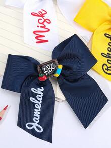 1/2pcs Personalized Name Back To School Hair Clips, ABC Pencil Blackboard Pattern, White Yellow Navy Blue Satin Ribbon Bow Alligator Clips - Multicolor - View 5