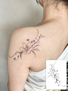 1 Sheet Black Gray Stippling Single Flower Curly Ribbon Temporary Tattoo Sticker, Waterproof Long-Lasting Thin Sketch Floral Fake Tattoo, Body Art Decal For Women Shoulder Blade Upper Back Collarbone - Black - View 1
