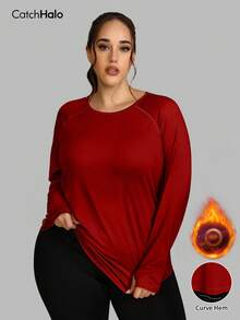 Tee-shirt de sport à manches longues pour femmes grandes tailles, avec trou pour le pouce, col rond, ourlet arrondi, coupe ample, doux et confortable, convient pour le fitness et le yoga - Rouge - Voir 3