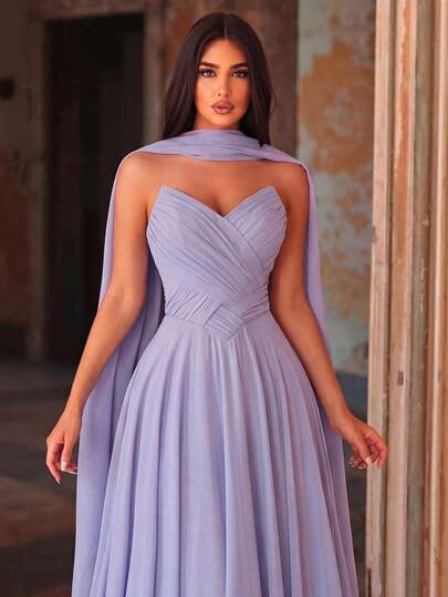 Faeriesty Elegant Women's Long Chiffon Evening Dress, Sleeveless Strapless Flared Skirt, Pleated Design, Suitable For Formal Occasions And Parties