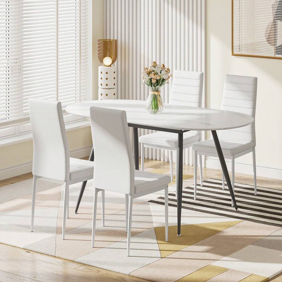 Dining Table And Chairs Set 4, Extendable Table With 4 Faux Leather Chairs For Dining Room, Kitchen, 4 Seater Room Set - Meja Marmer Putih + 4 Kursi PU Putih - View 1