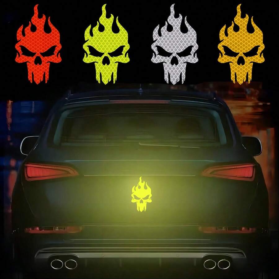 1 Stück kreativer reflektierender Totenkopf-Autosticker - Nacht-Anti-Kollisions-Reflektor - verbessert die Sichtbarkeit auf der Straße - geeignet für Autos, Fahrräder, Roller, Lkw und Motorräder - A - Übersicht 1