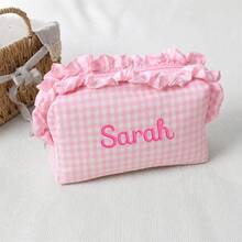 Personalized Gingham Cosmetic Bag, Ruffle Trim Makeup Pouch, Custom Name Toiletry Organizer, Small Travel Storage Bag, Coin Purse, Cute Gift - Multicolor - View 15