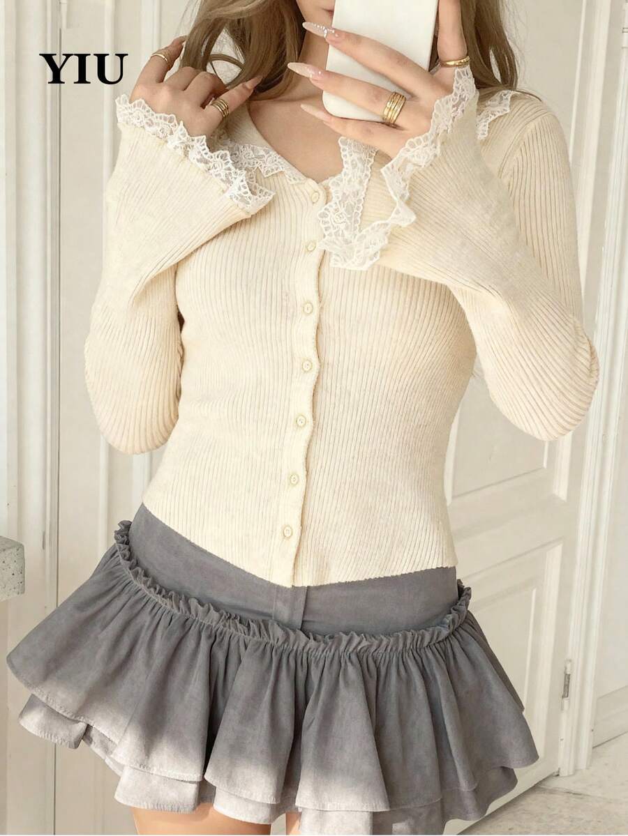 女款可愛蕾絲飾邊羅紋針織開襟毛衣,鈕扣前襟,長袖套頭針織上衣,標準長度,微彈性面料 - 杏色 - 查看 1