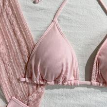 Sexy 4-teiliges Spitzen-Mesh-Bikini-Set, Damen-Durchsichtiger Triangel-Badeanzug mit hochtailliertem Unterteil und Mesh-Überwurf - Rosa - Übersicht 4