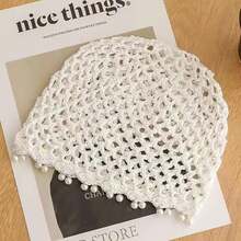 1pc Beach Casual Elegant Solid Color Faux Pearl Tassel Hollow Knit Sun Hat - Multicolor - View 7