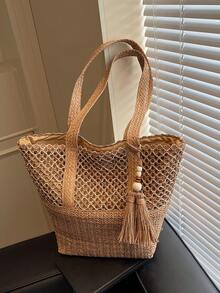 2026 New Women's Straw Woven Beach Bag, Large Capacity Woven Tote Bucket Bag, Versatile Commuter Shoulder Bag For Summer Beach Vacation - Khaki - View 2