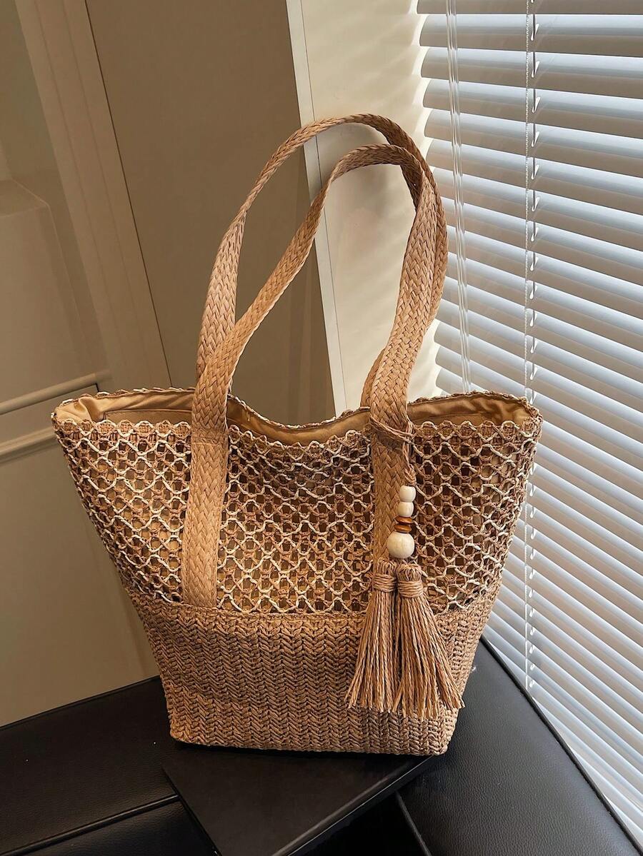 2026 New Women's Straw Woven Beach Bag, Large Capacity Woven Tote Bucket Bag, Versatile Commuter Shoulder Bag For Summer Beach Vacation